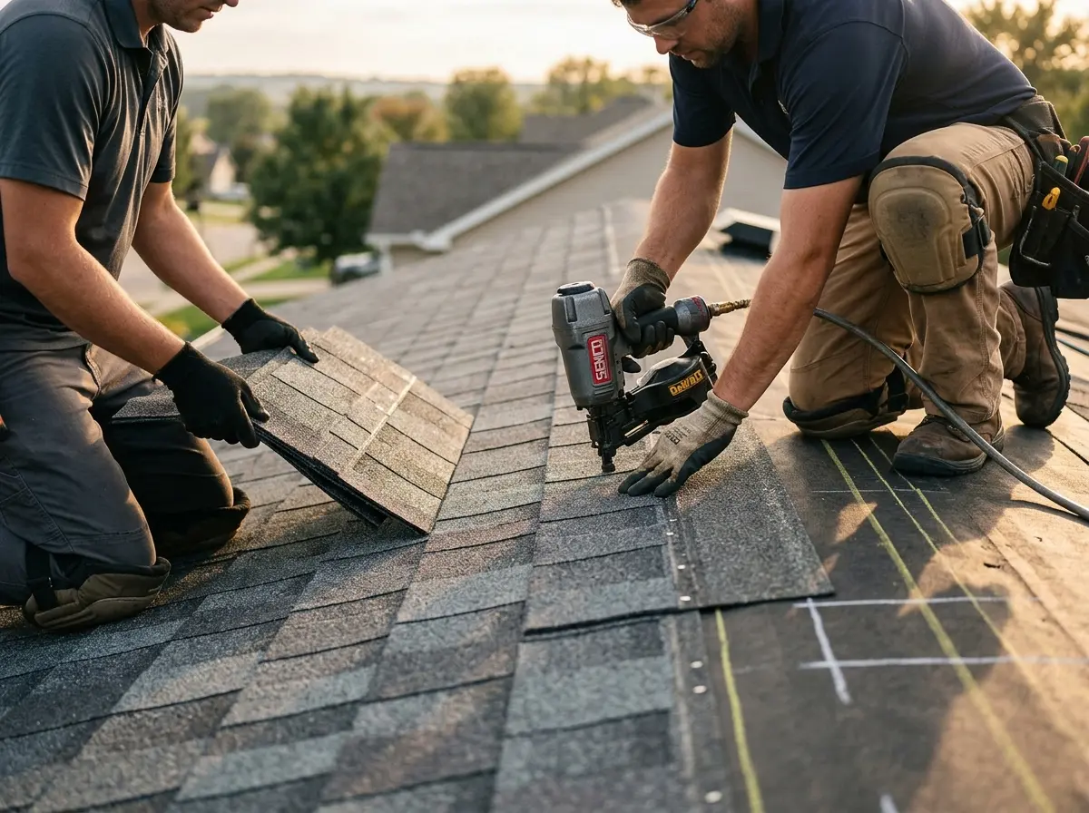 Professional roofer working on a residential roof in North Elba